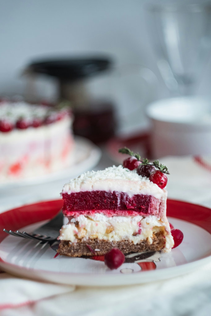 A slice of raspberry cheesecake.